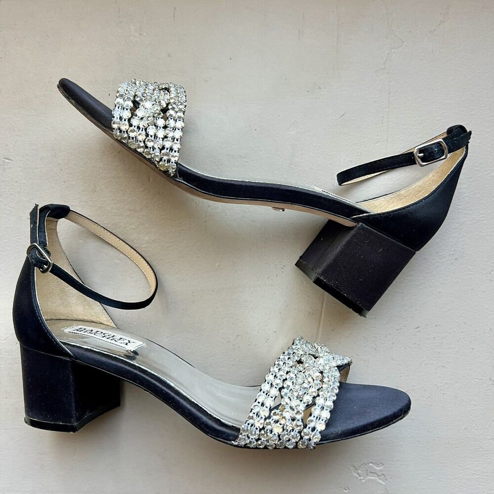 Badgley Mischka Black Fabric w/ Crystal Embellishments & Block Heel Sandals US 7